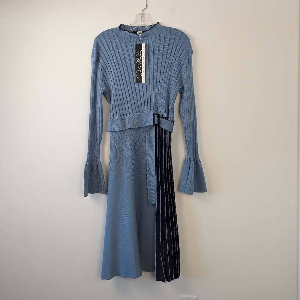 Dalia Macphee Baby Blue Ribbed Dress With Bell Sleeves And Tie Belt - Size L
